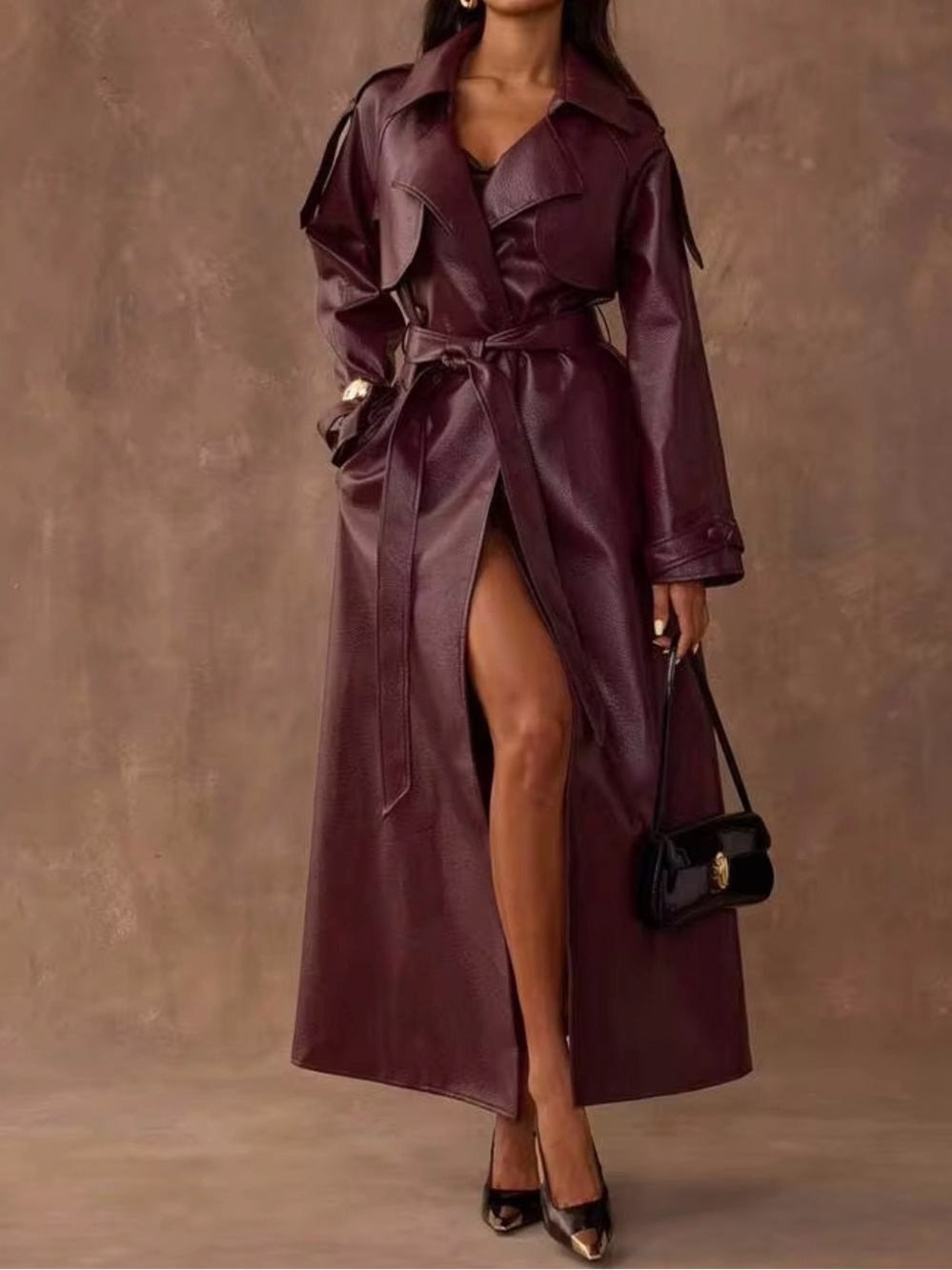 Fashion  Women’s Leather  Long Trench Coat.